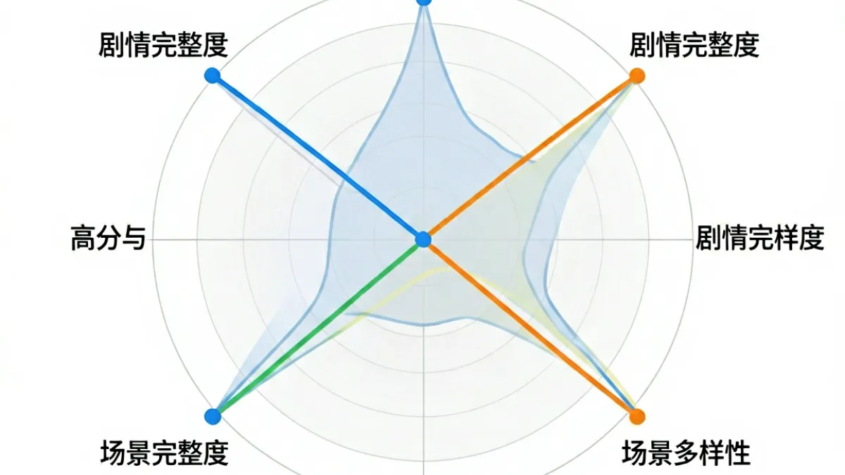 展示h动漫推荐评分体系的可视化图表，包含作画质量、声优表现、剧情完整度等四个维度的雷达图