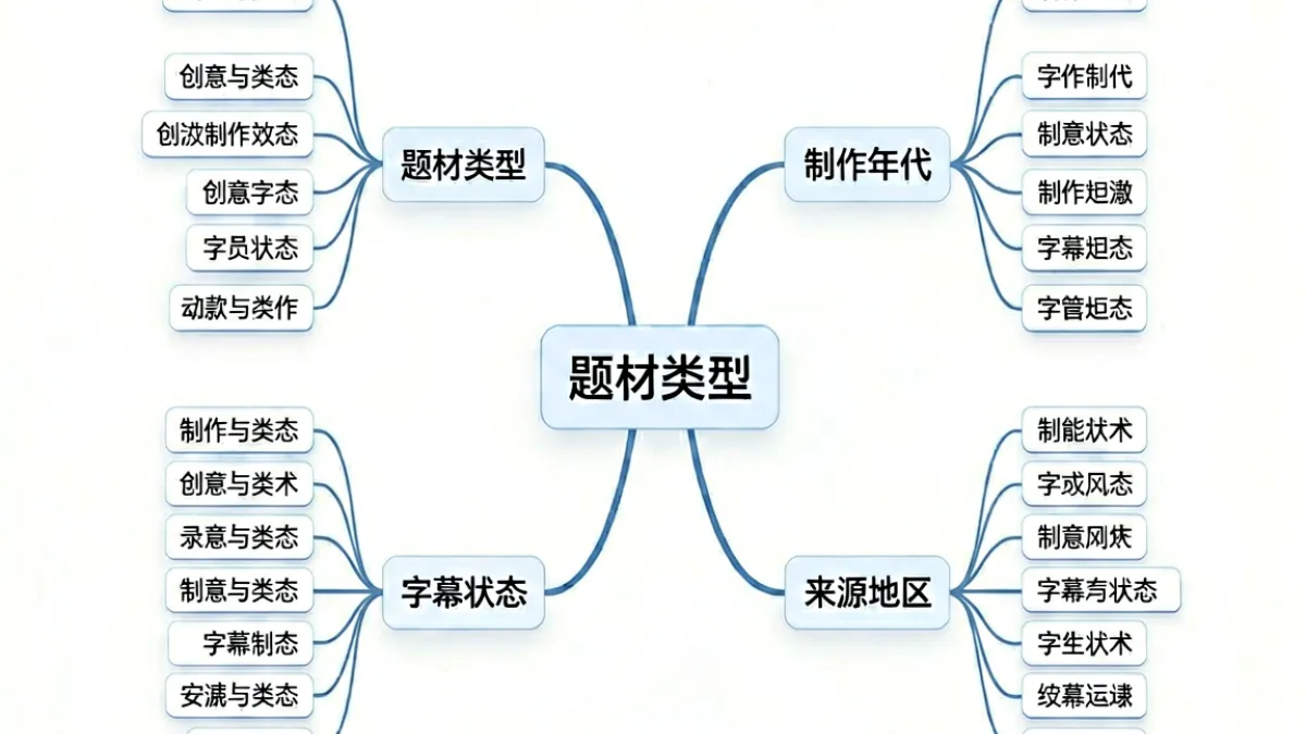 一张详细的h动漫推荐分类图表，展示题材标签、制作年代与字幕语言等多个筛选维度的对应关系